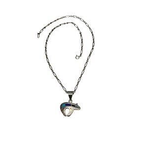 Vintage Native American Sterling Silver Bear Fetish Pendant Necklace Inlay Turqu
